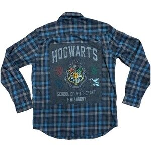 Upcycled Harry Potter Hogwarts Plaid Flannel Button Up Shirt Size Medium Unisex
